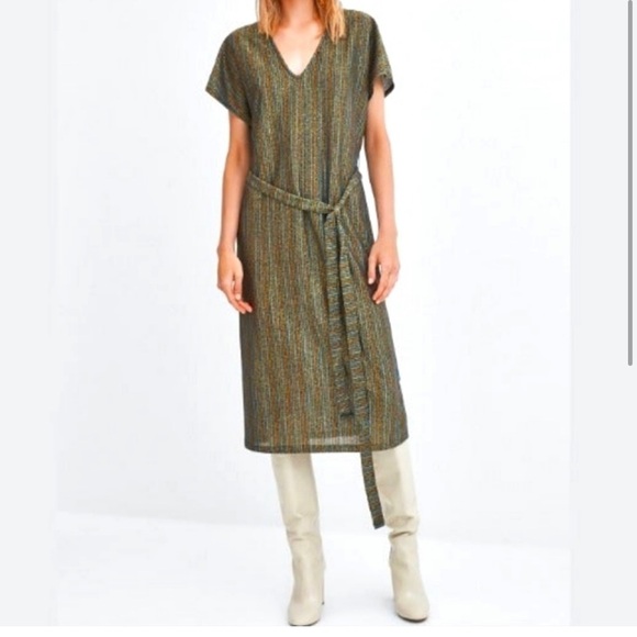 ZARA Trafaluc Metallic Stripe Midi Dress - Picture 2 of 15